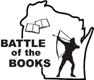 the battle of the books icon of a warrior aiming at books with a bow and arrow